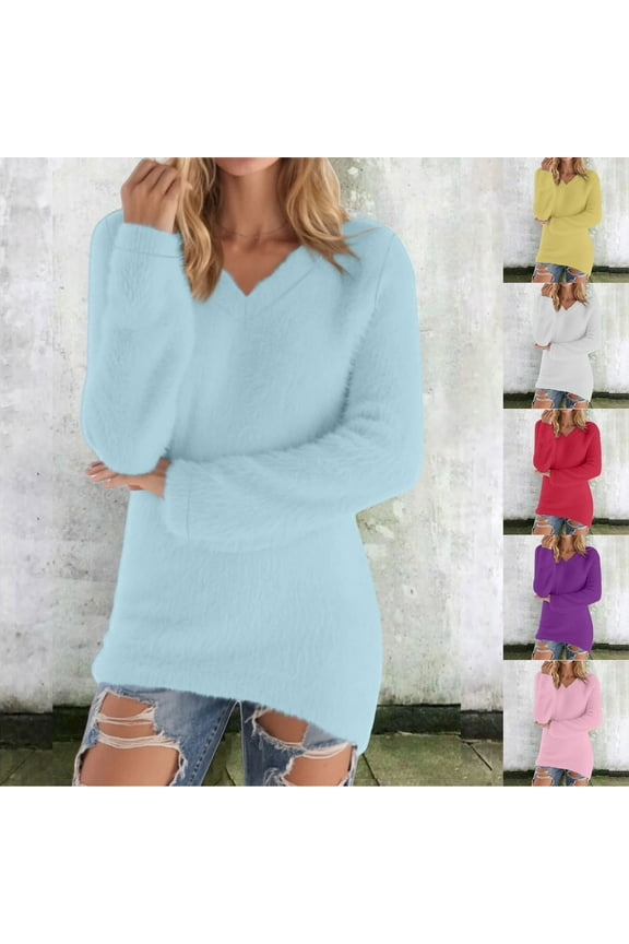 Womens Sweaters Cute Long Sleeve Shirts V Neck Casual Fleece Pullover Thermal Soft Fuzzy Fall Winter Tops
