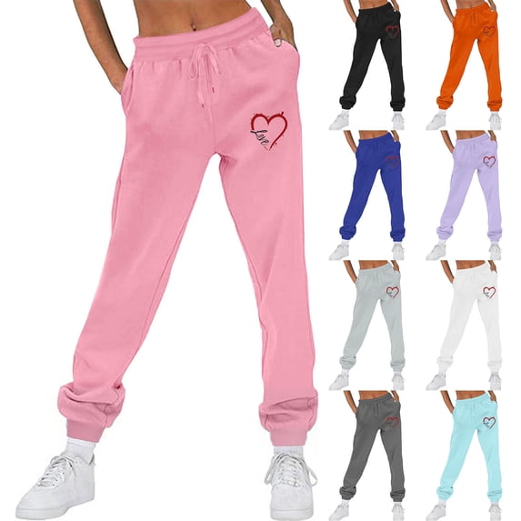 Wlynlyn Womens Sweatpants Fall Winter High Waisted Hear Print Workout Running Jogger Pants Fleece Lined Baggy Lounge Pants