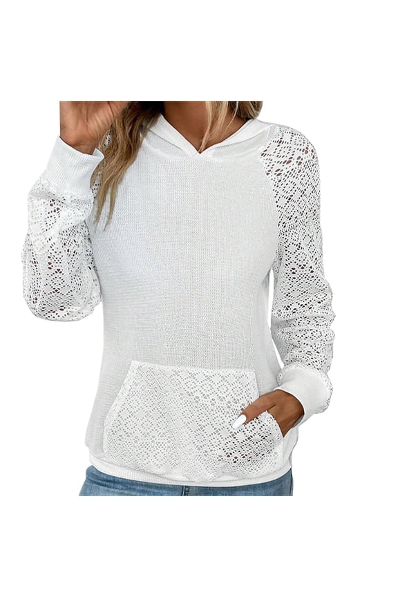 Womens Sweatshirts Crochet Lace Long Raglan Sleeve Shirts Patchwork Hooded Sweatshirts with Pockets(Medium,White)