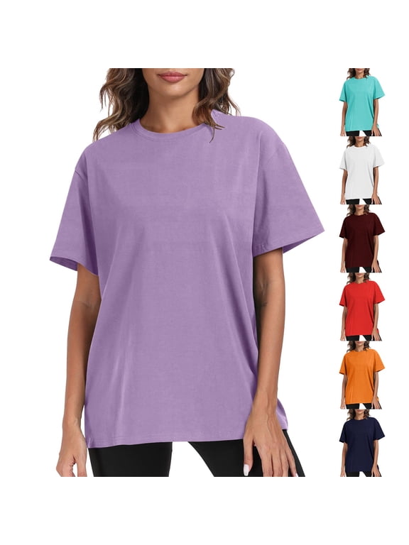 Womens T Shirts Short Sleeve Trendy Crew Neck Loose Fitted Workout Tee Casual Solid Color Plain Summer Tops