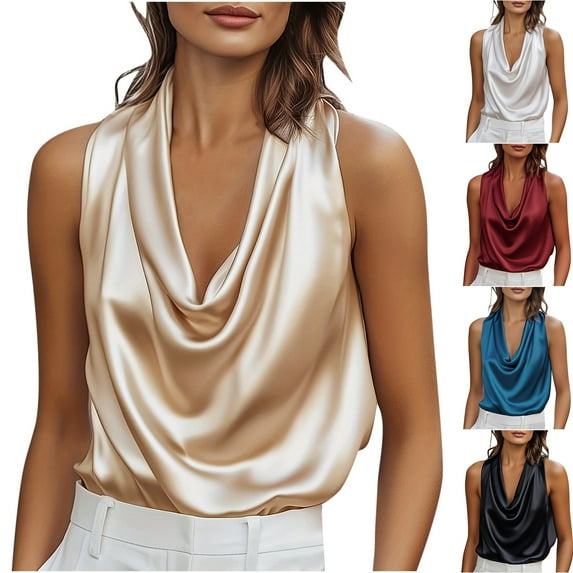 Wlynlyn Womens Tank Tops Satin Sleeveless Cowl Neck Camisole Shirts Going out Business Casual Blouses