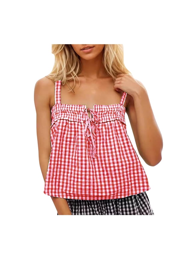 Womens Tank Tops Square Neck Sleeveless Plaid Camisoles Summer Cute Backless Vest Shirt XL