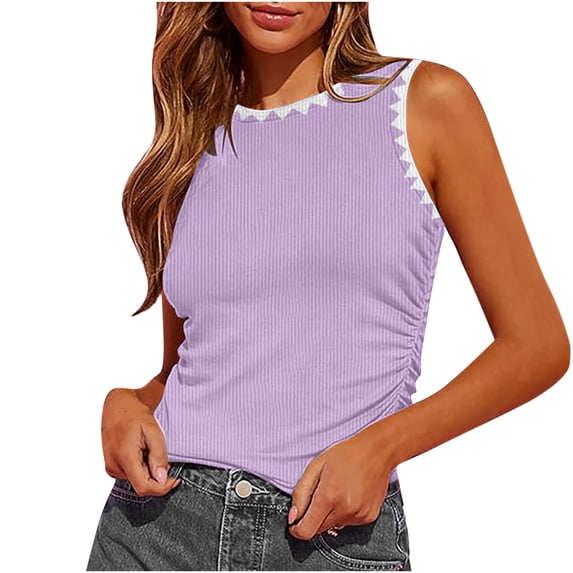 Wlynlyn Womens Tank Tops Summer Sleeveless Printed Ribbed Knit Crop Top Slim Fitted Blouse Side Ruched Basic Tees Shirts XXL