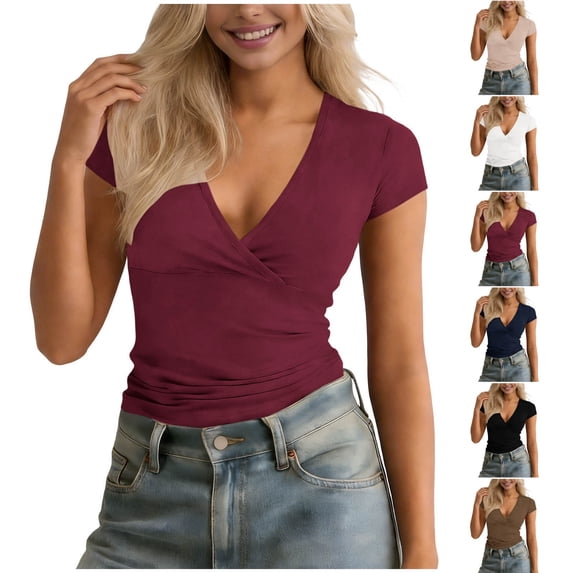 Wlynlyn Womens Tops Casual Deep V Neck Cap Sleeve Shirts Summer Fashion Slim Fitted Solid Color Basic Tees