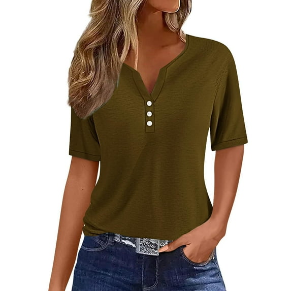 Wlynlyn Womens Tops Short Sleeve Shirts Button down V Neck T Shirts Plus Size Blouses Solid Color Tees