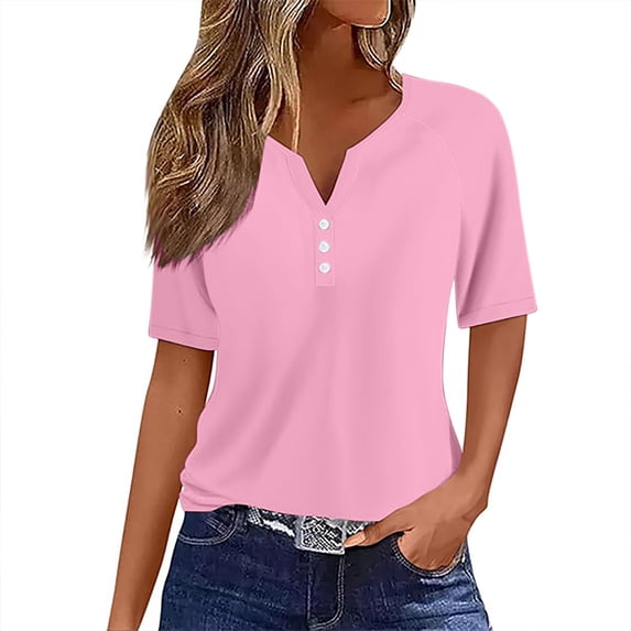 Wlynlyn Womens Tops Short Sleeve Shirts Button down V Neck T Shirts Plus Size Blouses Solid Color Tees
