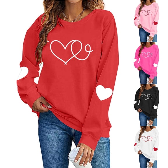 Wlynlyn Womens Valentines Sweatshirts Long Sleeve Heart Printed Pullover Shirts Casual Loose Crewneck Tee Tops