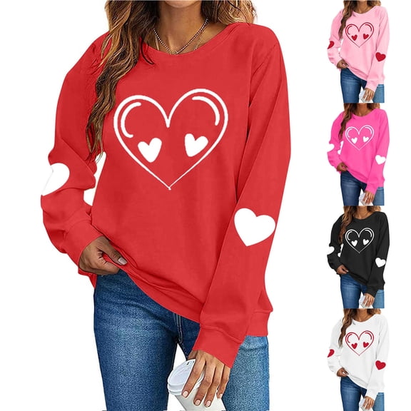 Wlynlyn Womens Valentines Sweatshirts Long Sleeve Heart Printed Pullover Shirts Casual Loose Crewneck Tee Tops