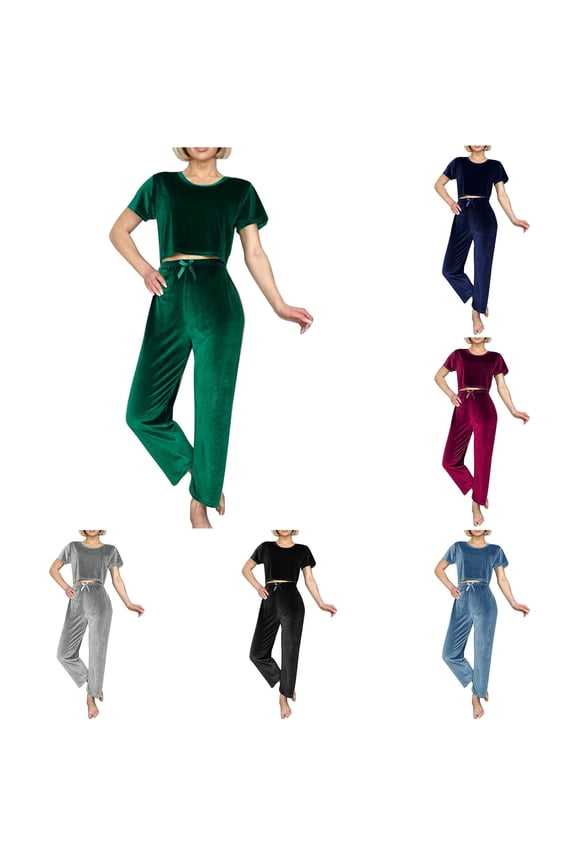 Womens Velour 2 Piece Sets Short Sleeve Crewneck Crop Top Wide Leg Pants Matching Lounge Set