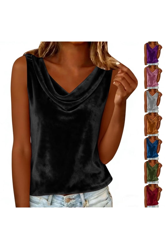 Womens Velvet Tank Tops Sleeveless Elegant Cowl Neck Ruched Casual Dressy Blouses Cami Shirts
