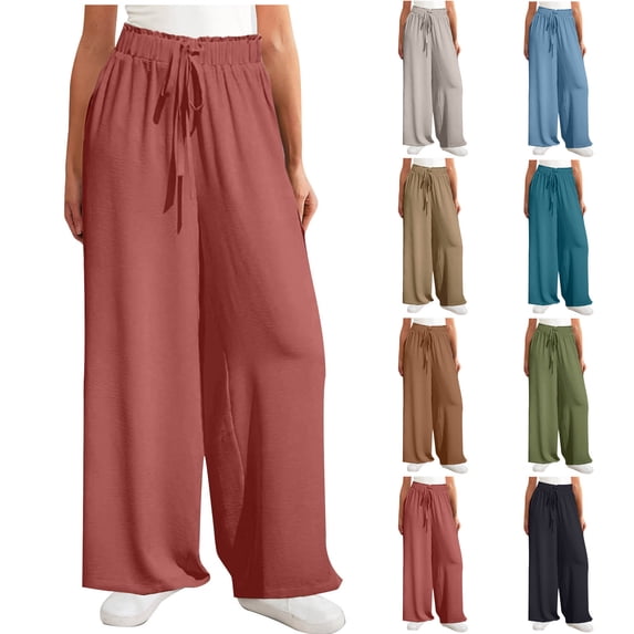 Wlynlyn Womens Wide Leg Pants Loose Fitted Lounge Pants Smocked Elastic Waisted Casual Flowy Palazzo Pants