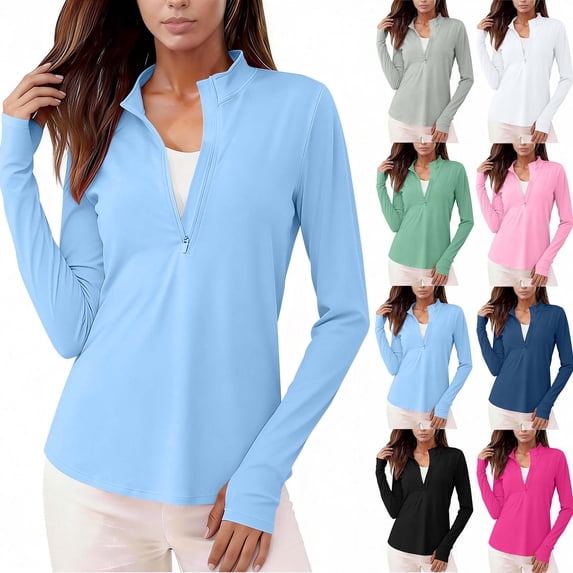 Wlynlyn Womens Workout Tops Long Sleeve Sun Protection Zipper Golf Shirts Quick Dry Lightweight Active Tennis Shirts
