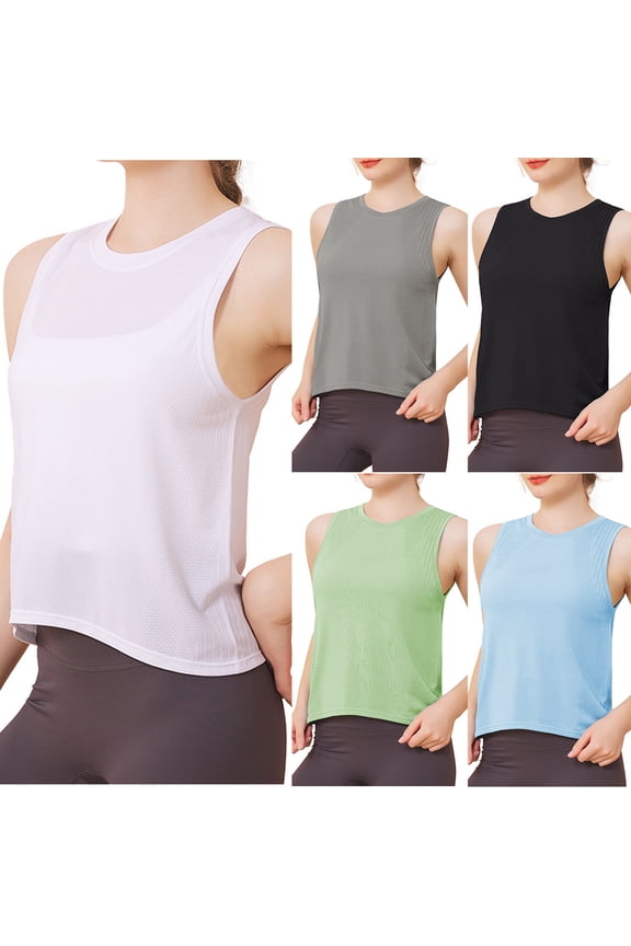 Womens Workout Tops Sleeveless Athletic Yoga Tops Round Neck Quick Dry Exercise Running Shirts