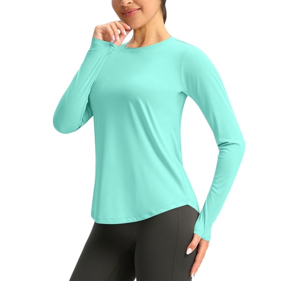 Wlynlyn Workout Tops for Women Long Sleeve Athletic Sun Shirts Crew Neck Sun Protection Side Curved Hem Running Swim Shirts Cover Up(Large,Mint Green)