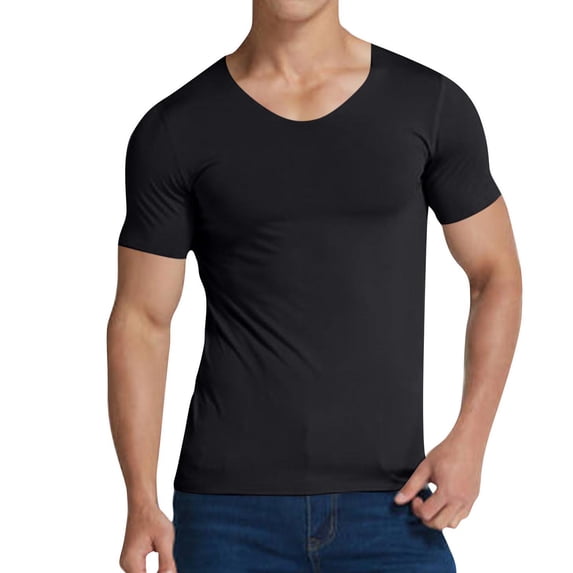 Wlynlyn Workout Tops for Men V Neck Tee Muscle Slim Fitted Undershirt Soft Low Cut Stretch Workout Tshirts