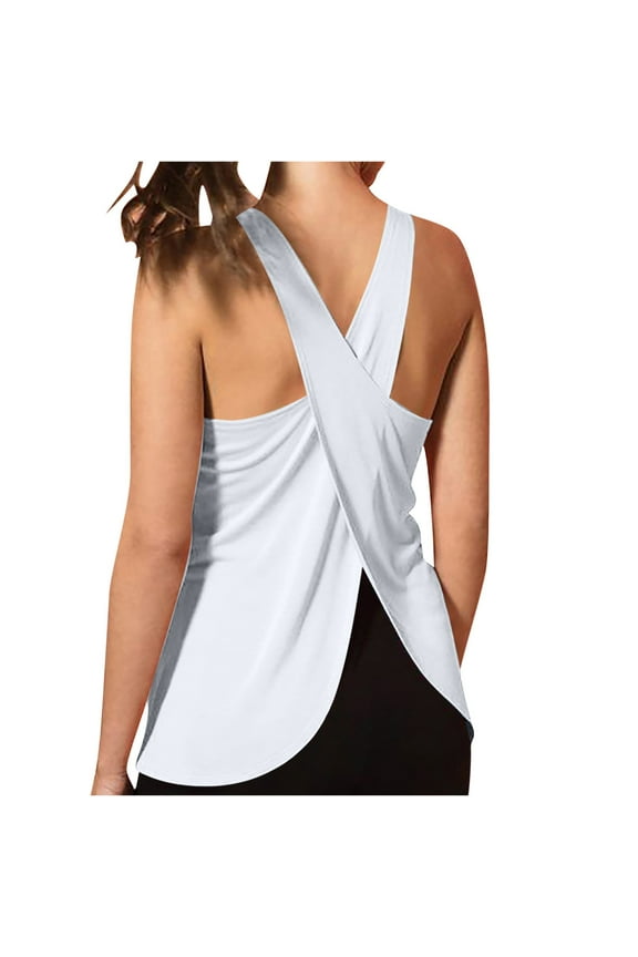 Workout Tops for Women Cisscross Open Back Sleeveless Athletic Shirts Crewneck Yoga Gym Clothes Loose Fitted XL