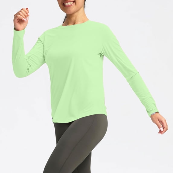 Wlynlyn Workout Tops for Women Long Sleeve Athletic Sun Shirts Crew Neck Sun Protection Side Curved Hem Running Swim Shirts Cover Up(XX-Large,Green)