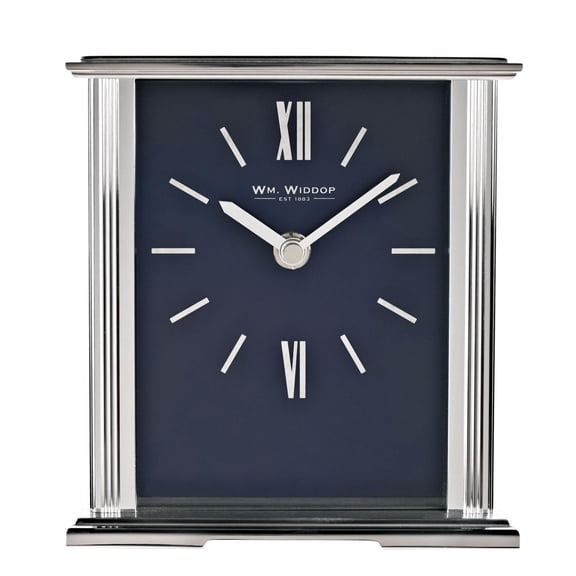 Wm.Widdop Silver Mantel Clock Navy Blue Dial