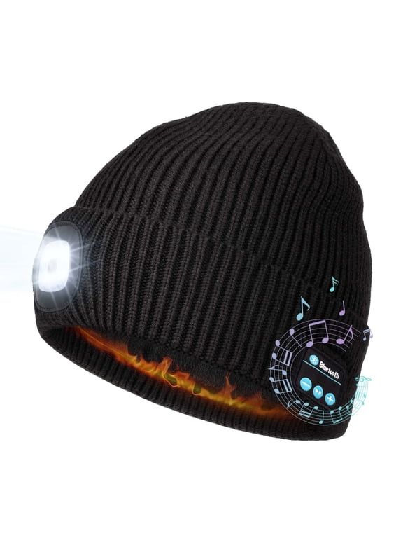 Warm Fleece Lined Bluetooth LED Beanie, Mens Stocking Cap with Light and Speaker Mic Cordless Headphones, Christmas Hat Stuffers for Men Dad (Black)