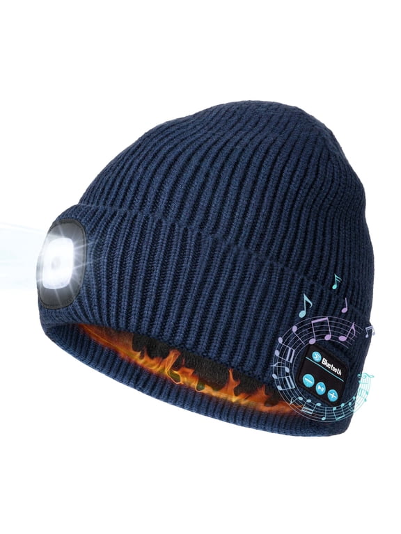 Warm Fleece Lined Bluetooth LED Beanie, Mens Stocking Cap with Light and Speaker Mic Cordless Headphones, Christmas Hat Stuffers for Men Dad (Navy Blue)
