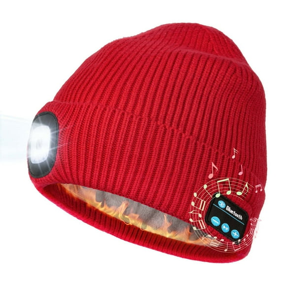 CENSGO Warm Fleece Lined Bluetooth LED Beanie, Mens Stocking Cap with Light and Speaker Mic Cordless Headphones, Christmas Hat Stuffers for Men Dad (Red)