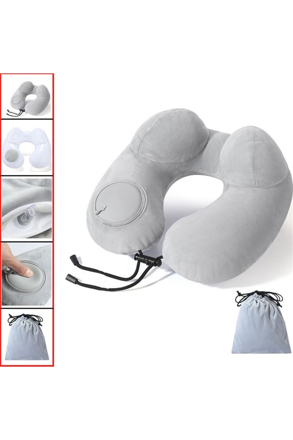 Pillow Case Inflatable Travel Neck Pillow for Airplane Sleeping Blow Up Neck Support Air Pillow Traveling On Plane Long Flights Washable Grey