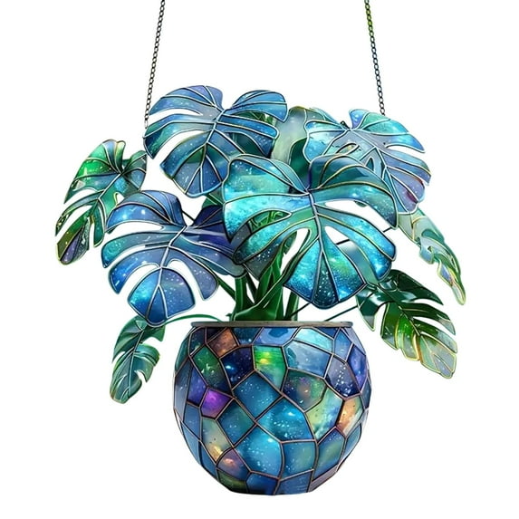 Wmkox8yii 2D Plant Acrylic Window Hanging,Artificial Monstera Hanging Plant,Colorful Plant Pot Hanging Decor,Indoor Room Wall Hanging Ornament, Window Art Hanging for Home Plant Lovers