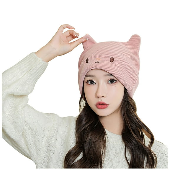 Wmkox8yii Beanie Hats For Women With Cute Cat Ear Knitting Cable Hat Cap Beanie Winter Warm Breathable Windproof Ski Cap Hat