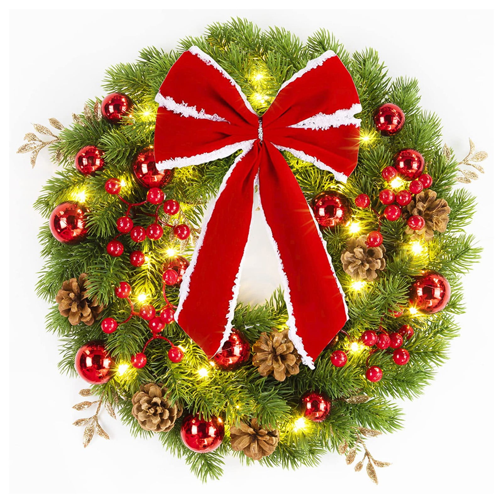 15.7IN Christmas Wreath with Lights for Front Door,Outdoor Christmas ...