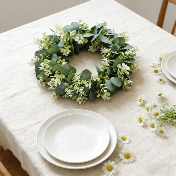 Wmkox8yii Eucalyptus Wreath for Front Door,Artificial Green Eucalyptus with White Blossoms for Spring Summer Farmhouse Festival Home Decor