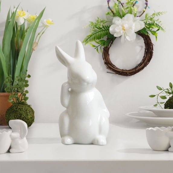 Mini White Rabbit Easter Bunny Figurines with Eggs,Cute Ceramic Statue,Modern Porcelain Decor for Coffee Table,Spring Home Art Ornament,Holiday Gift