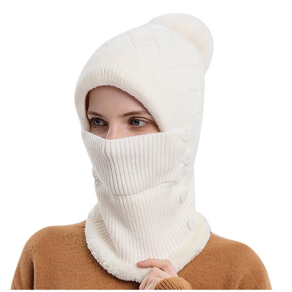 Wmkox8yii Women Winter Beanie Hats Scarf One-Piece Fleece Lined Knit Balaclavas Mask Set Skull Neck Circle Scarf Ski Snow Hat Cap With Pompom