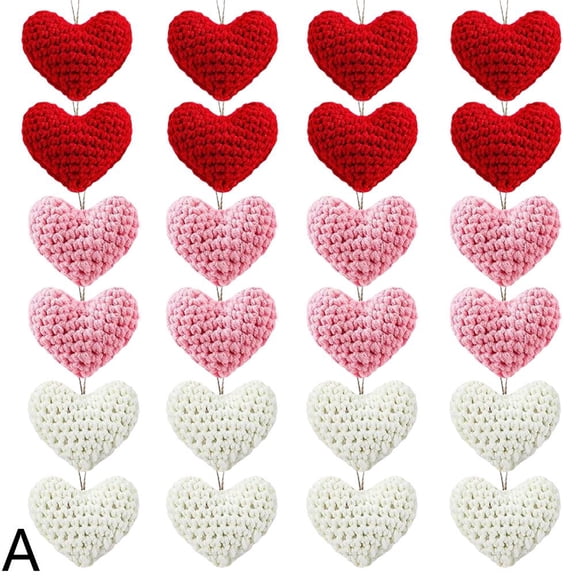 Wmool 24 Pcs Valentine's Day Ornaments Knitted Crochet Heart Ornaments Handmade Tree Decoration Heart Bauble Fillers Valentine Gift Ideal for Christmas Tree Party Home Decor