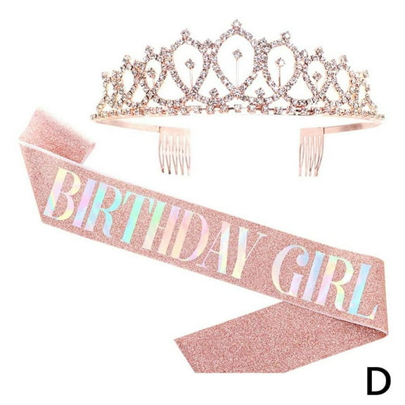 Wmool Birthday Tiara and Sash Kit Rhinestones Princ Crown for Birthday Party Gift `