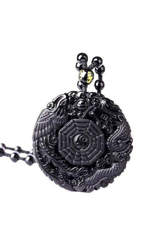 Luy Pendant Nelace Natural Obsidian Carved Chinese oenix BaGua Nice