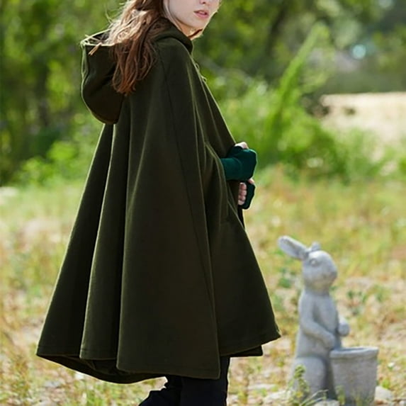 Wnegstg Coats for Women Hooded Medium Cape Winter Vintage Overcoat Fashion Cloak Woolen Coat