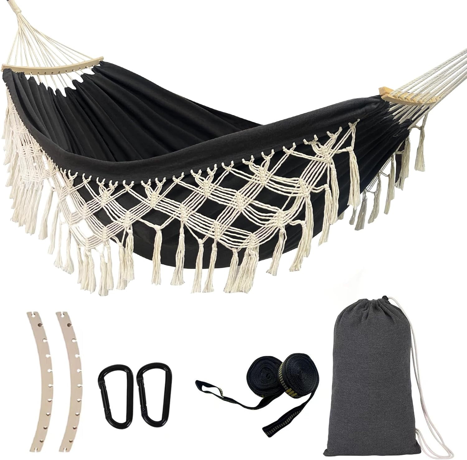 Wnngxing Macrame Fringe Double 2-Person Hanging Swing Hammock, Black