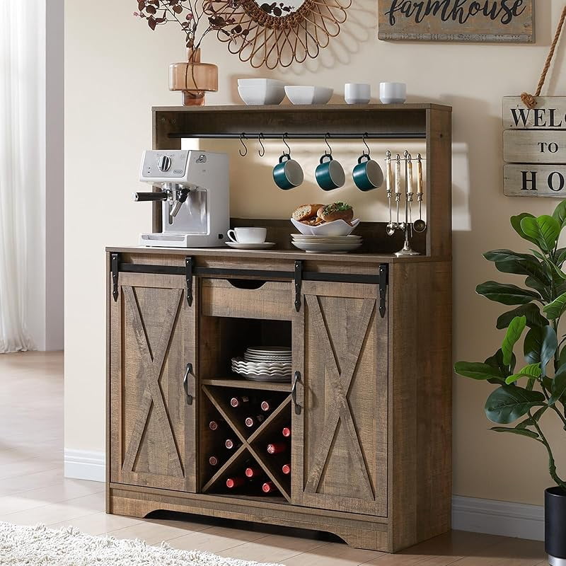 Wnutrees Farmhouse Coffee Bar Cabinet with Charging Station and USB ...