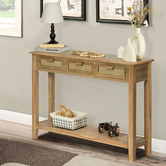 Wnutrees Farmhouse Console Table with 3 Rattan Drawers, 46" Long Narrow Boho Foyer Sofa Tables with Open Storage Shelves for Entryway, Hallway, Living Room, Natural
