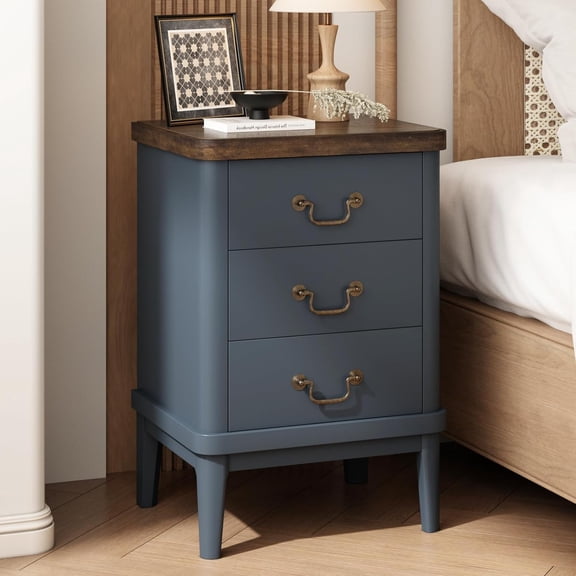 Wnutrees Farmhouse Nightstand with 3 Drawers,Modern Bedside Table with Round Curved Corner and Metal Handles, Wood End Side Table for Living Room, Hallway, Blue
