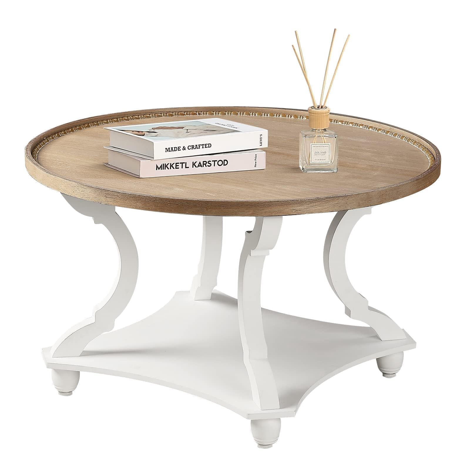 Wnutrees Farmhouse Round Coffee Table, Wood Tray Top Circle Coffee ...