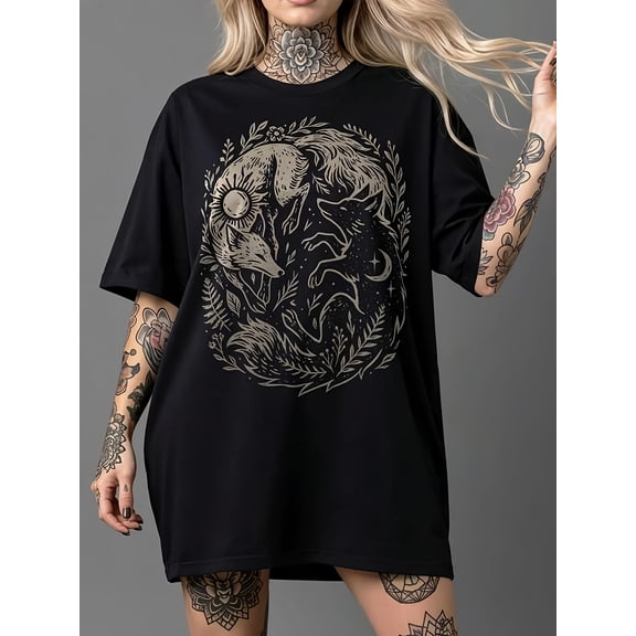 Wo Crewneck Celestial Sun Moon Fox Graphic Vintage Grunge Y2k Cotton Men's Women's Unisex T-Shirt