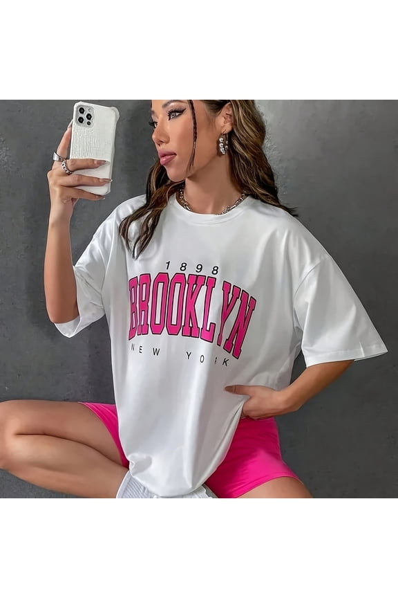 Wo Funny 1898 Brooklyn York Letter Print Uni Black T-S1Hirt 90s Graphic Female Cute Tops Y2K Oversized 80