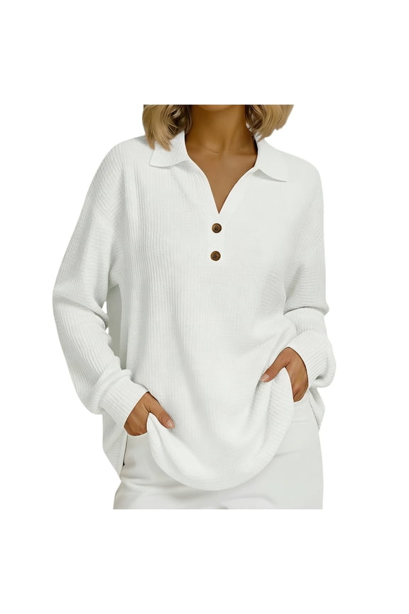 Fall Shirts Women Women'S Long Sleeve Top, V-Neck Casual Shirt with Button Front, Comfortable Everyday Blouse for Fall And Winter, Soft Polyester Rayon Blend Fabric, Regular Fit Lo