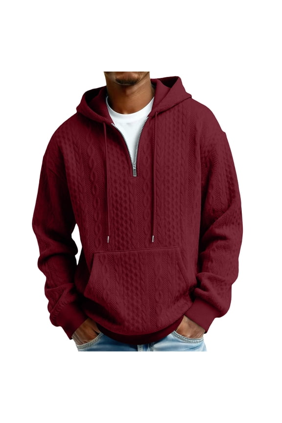 Men's Casual Hoodie, Loose Fit Pullover Sweatshirt with Cable Knit Texture and Kangaroo Pocket, Long Sleeve Fleece Hoodie for Spring Fall Winter