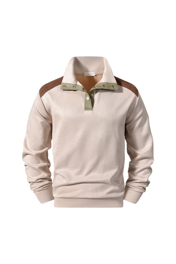 Men's Casual Solid Color Pullover Sweatshirt with Stand Collar and Snap Button Placket, Soft Sueded Fleece Fabric, Comfortable Relaxed Fit for Everyday Wear