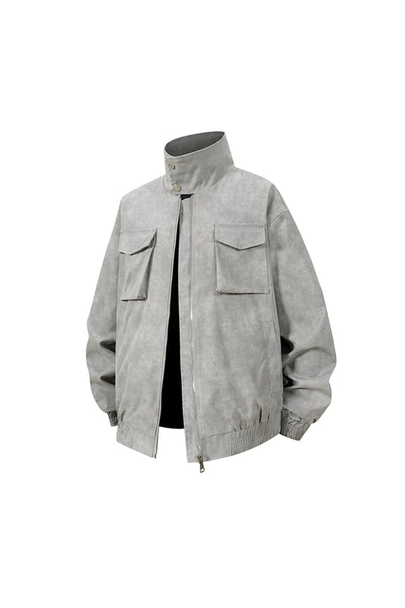 Men's Casual Tie-Dye Zip-Up Jacket with Stand Collar, Lightweight Pullover for Daily Wear, Multiple Pockets Patchwork Outdoor Fashion Outwear, Loose Fit Long Sleeve Workwear Jacket