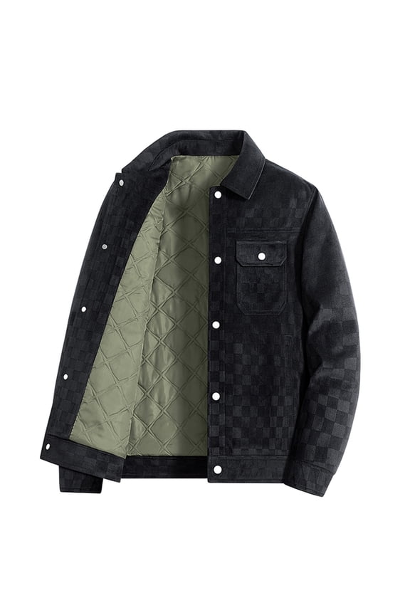 Men's Checkerboard Jacket, Checkered Pattern Turn-Down Collar Snap Button Closure, Casual Long Sleeve Jacket with Pockets, Lightweight and Comfortable Outerwear for Daily Casual We