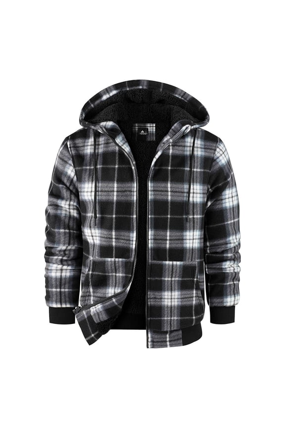 Men's Fleece Jacket, Warm Plaid Flannel Hooded Sweatshirt with Full Zipper for Casual Outdoor Wear
