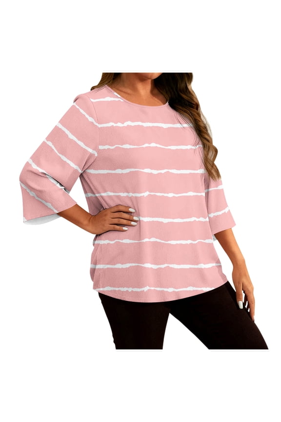 Plus Size Shirts Women'S Plus Size Striped Casual Top, Three-Quarter Sleeve Round Neck Blouse, Soft Stretch Polyester Spandex Blend, Comfortable Relaxed Fit T-Shirt for Everyday We